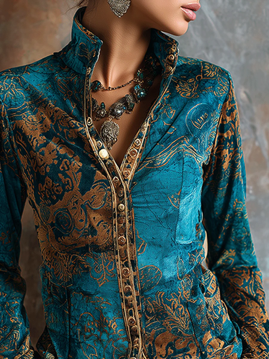 Boho Chic Vintage Peacock Blue Velvet Golden Print Fit Blouse - Image 3
