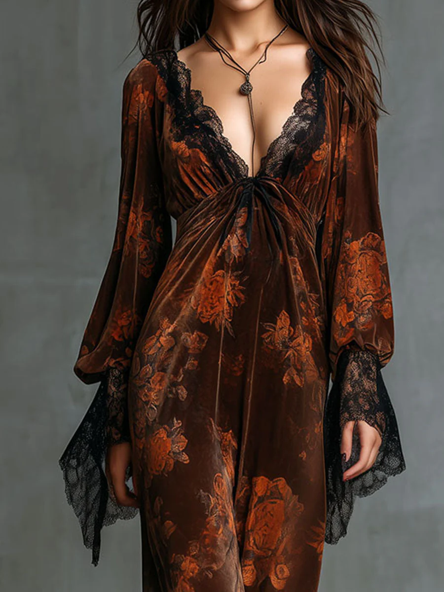 Boho Deep V Neck Floral Print Velvet Gown Dress With Lace Trim - Image 2