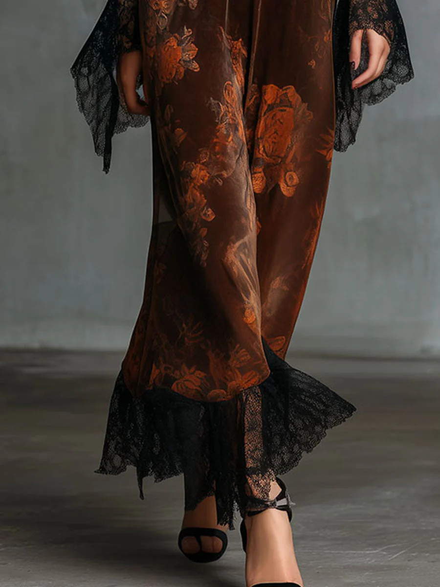 Boho Deep V Neck Floral Print Velvet Gown Dress With Lace Trim - Image 3