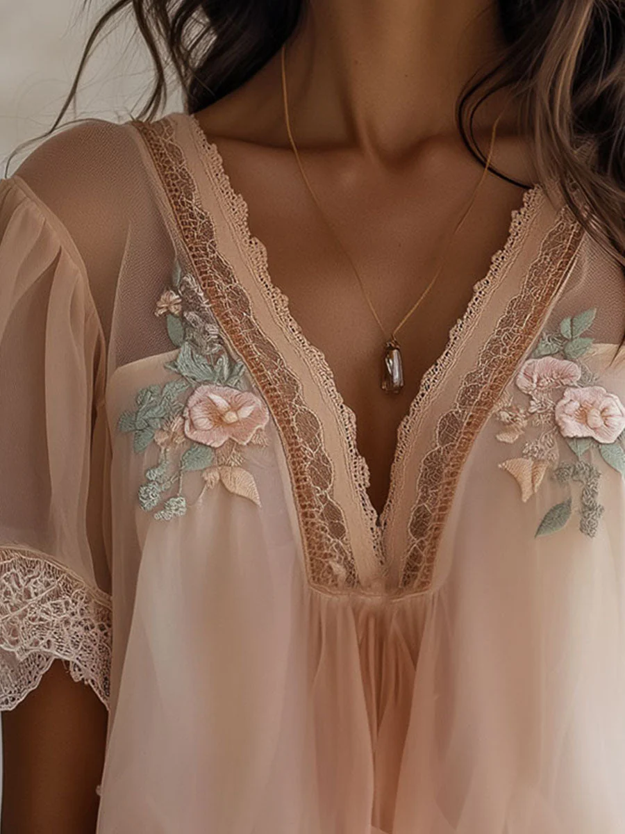 Boho Delicate Floral Embroidered Chiffon Blouse - Image 5