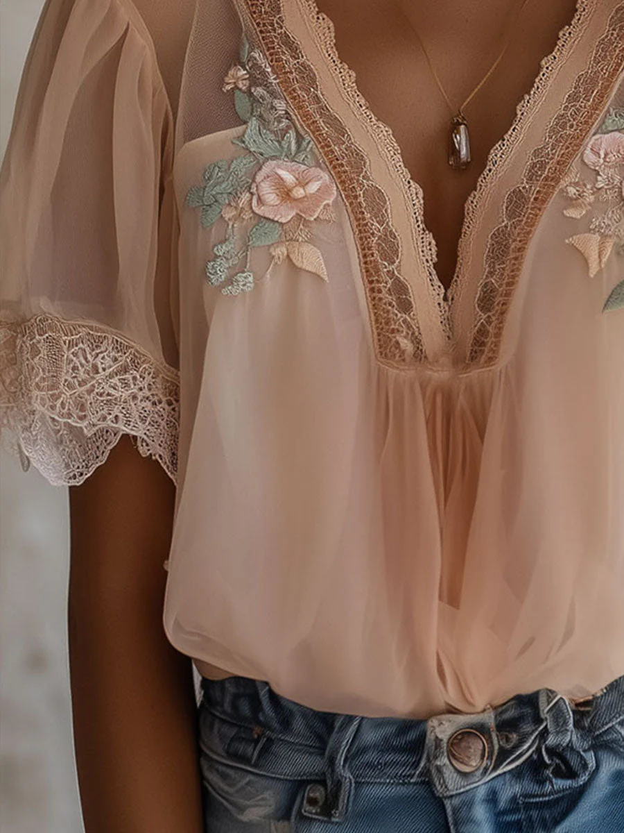 Boho Delicate Floral Embroidered Chiffon Blouse - Image 6