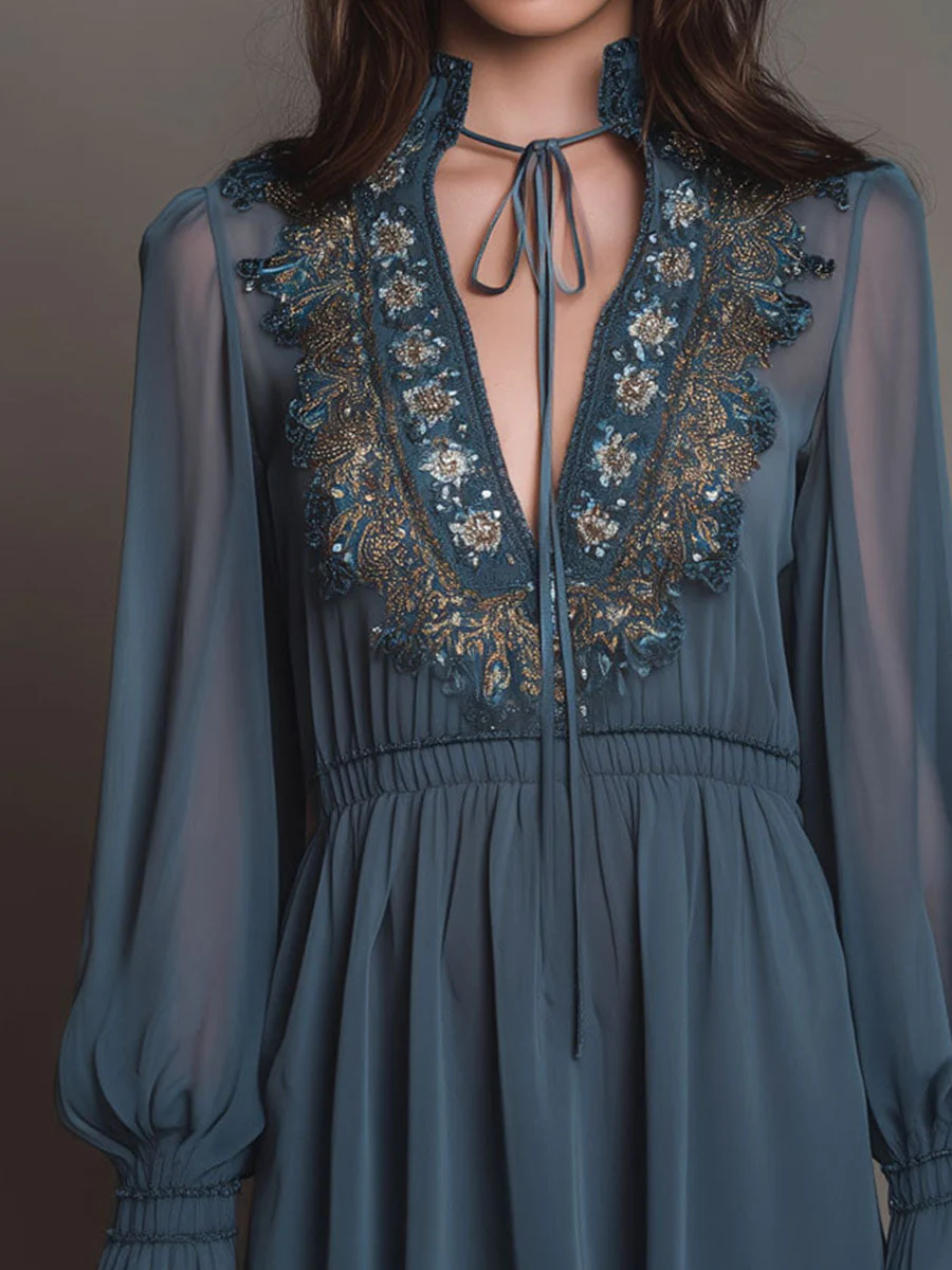 Boho Dusty Blue Tie-Neck Embroidered Chiffon Mini Dress - Image 2