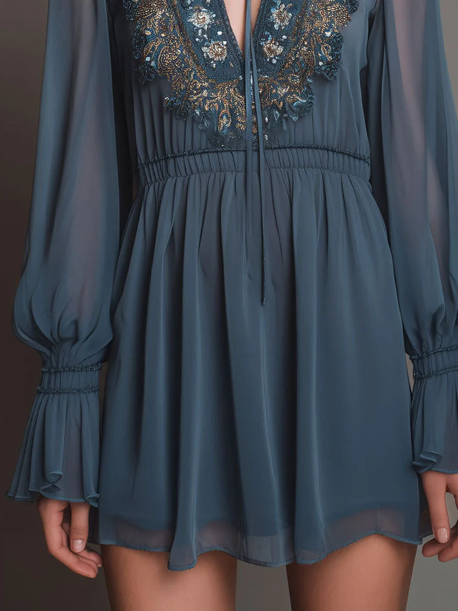 Boho Dusty Blue Tie-Neck Embroidered Chiffon Mini Dress - Image 3