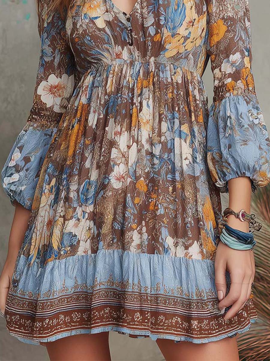 Boho Floral Chiffon Mini Dress With Balloon Sleeves - Image 2