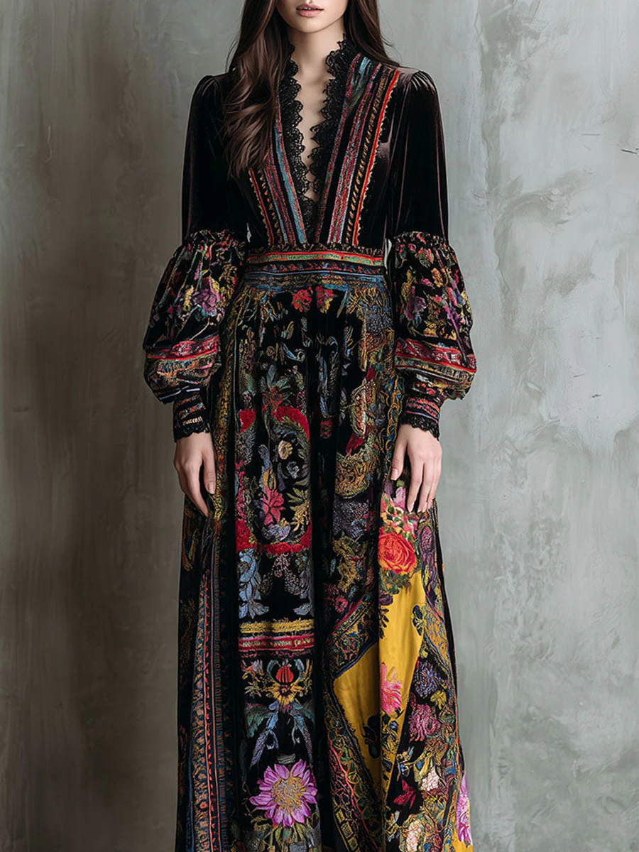 Boho Floral Print Velvet Long Sleeve Gown Maxi Dress With Lace Trim - Image 2