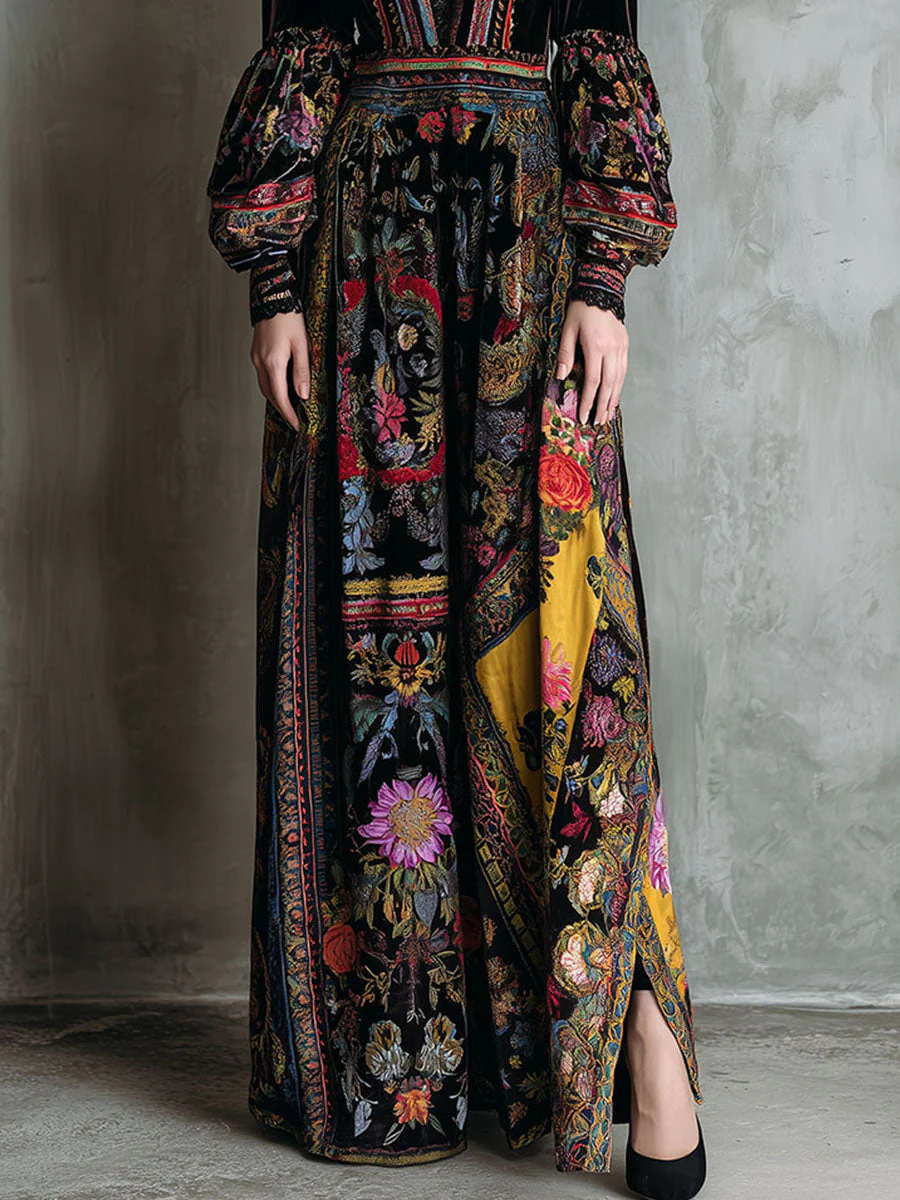 Boho Floral Print Velvet Long Sleeve Gown Maxi Dress With Lace Trim - Image 3