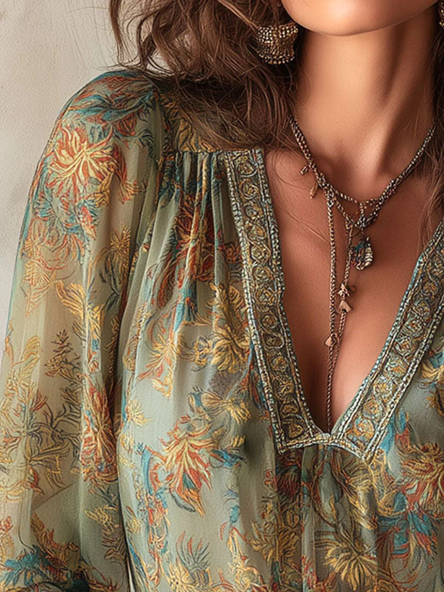 Boho Floral Sheer Chiffon Blouse With Lace Accent - Image 2
