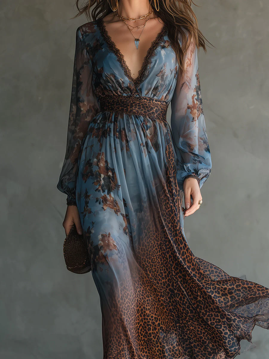 Boho Holiday Leopard Print Chiffon Lace Maxi Dress - Image 2