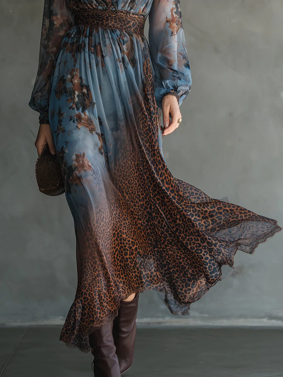 Boho Holiday Leopard Print Chiffon Lace Maxi Dress - Image 3
