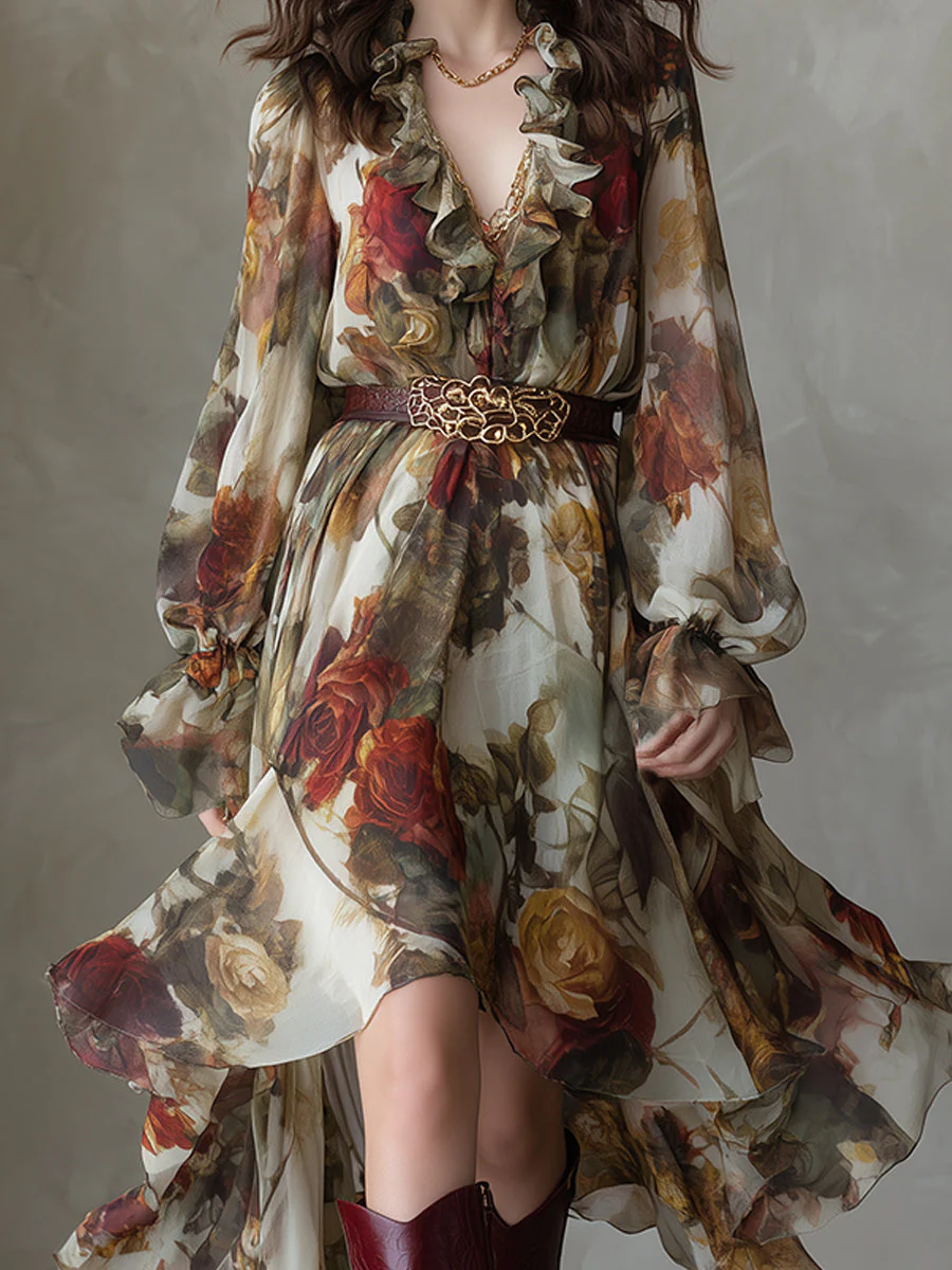 Boho Holiday Print Ruffle Neckline High Low Hem Chiffon Midi Dress - Image 2