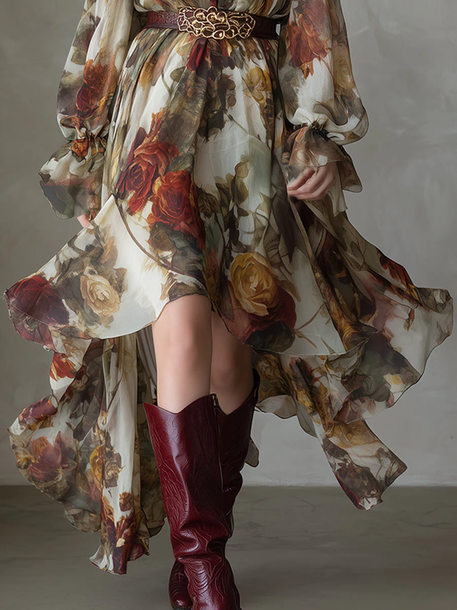 Boho Holiday Print Ruffle Neckline High Low Hem Chiffon Midi Dress - Image 3