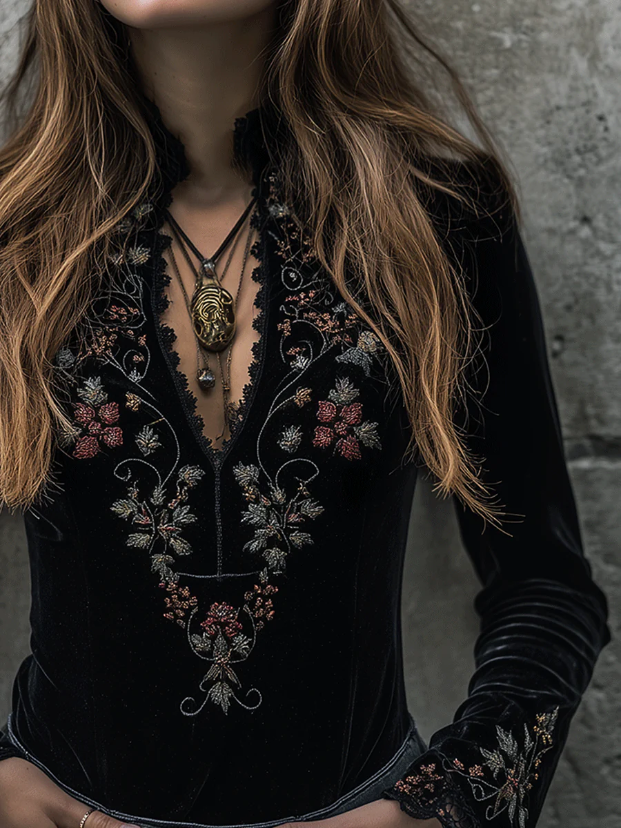 Boho Luxe Black Velvet Floral Embroidered Top - Image 2