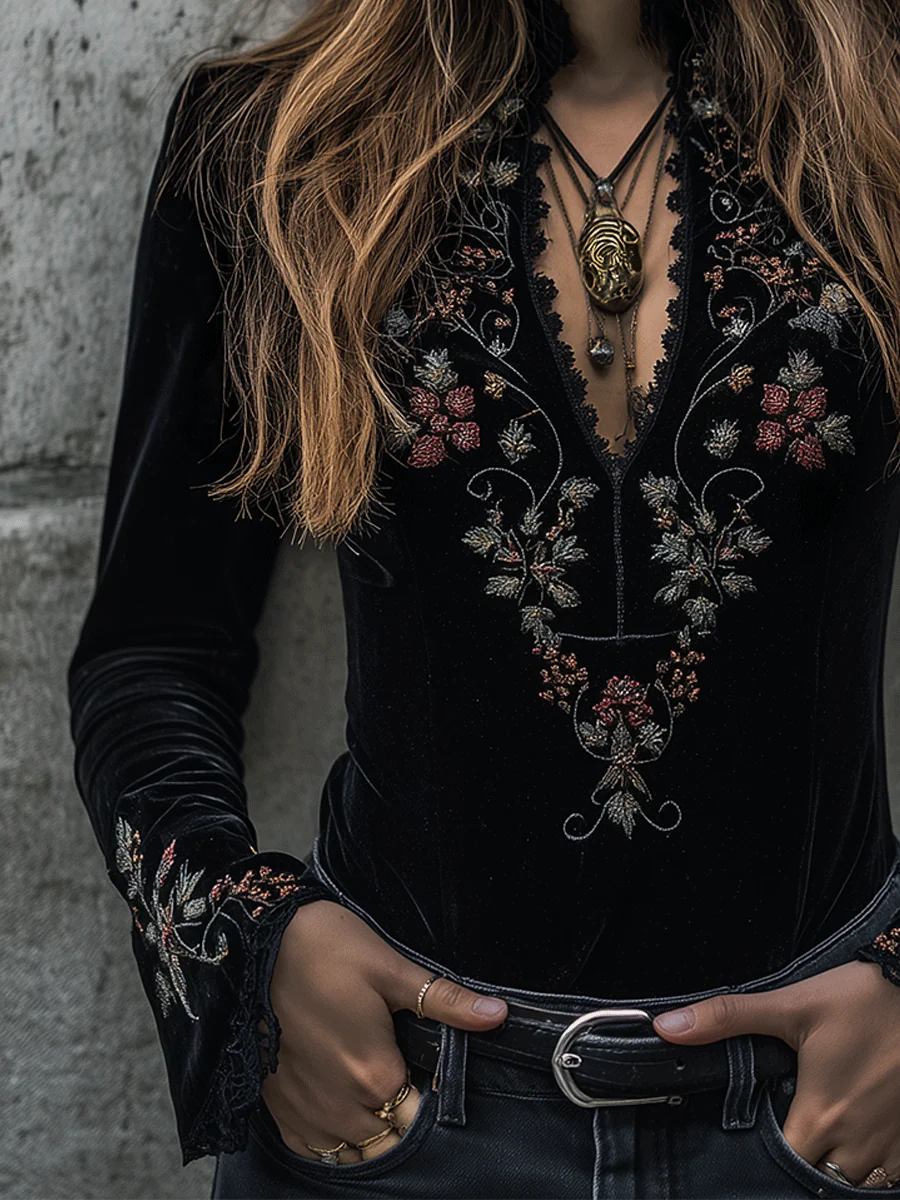 Boho Luxe Black Velvet Floral Embroidered Top - Image 3
