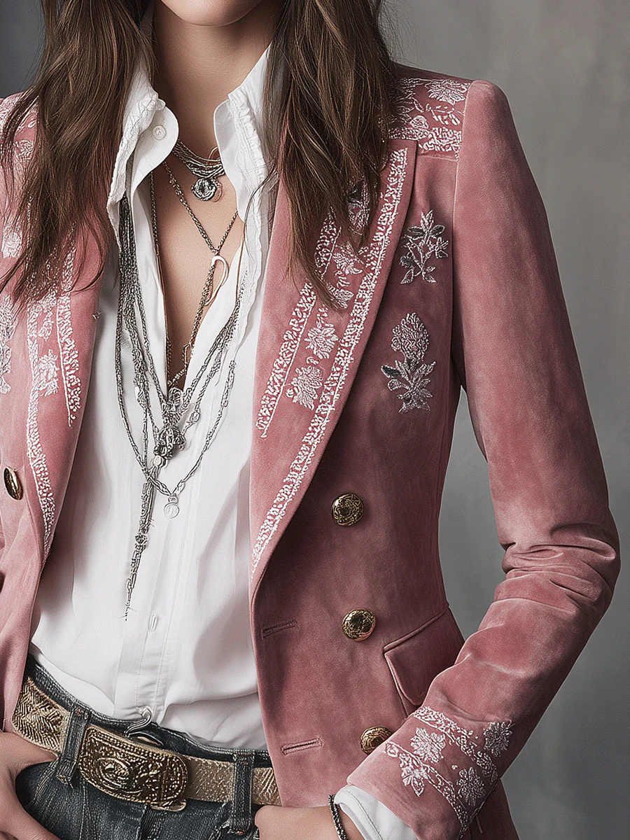 Boho Luxe Pink Velvet Tailored Blazer - Image 3