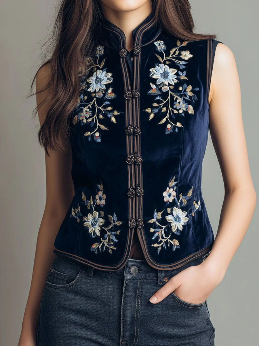 Boho Mandarin Collar Navy Velvet Embroidered Vest - Image 2