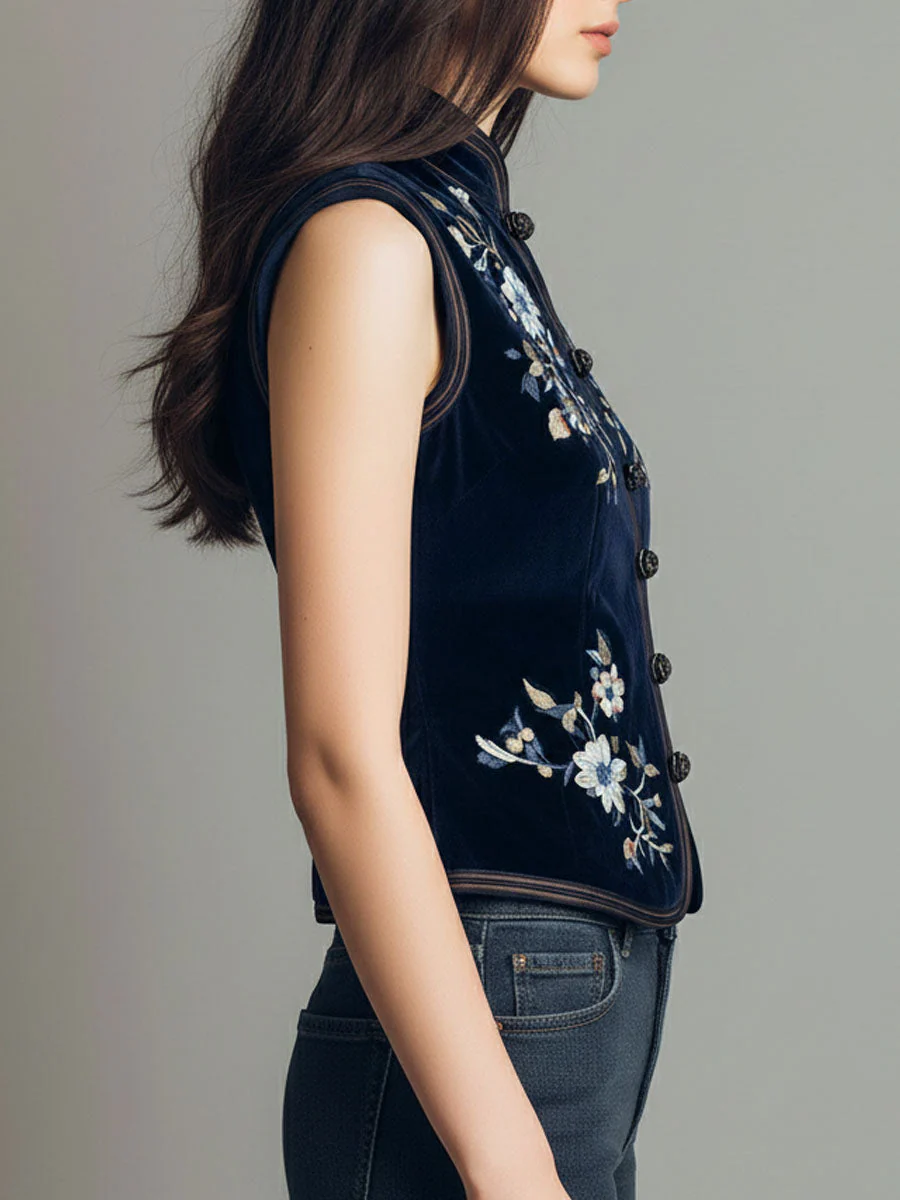 Boho Mandarin Collar Navy Velvet Embroidered Vest - Image 5