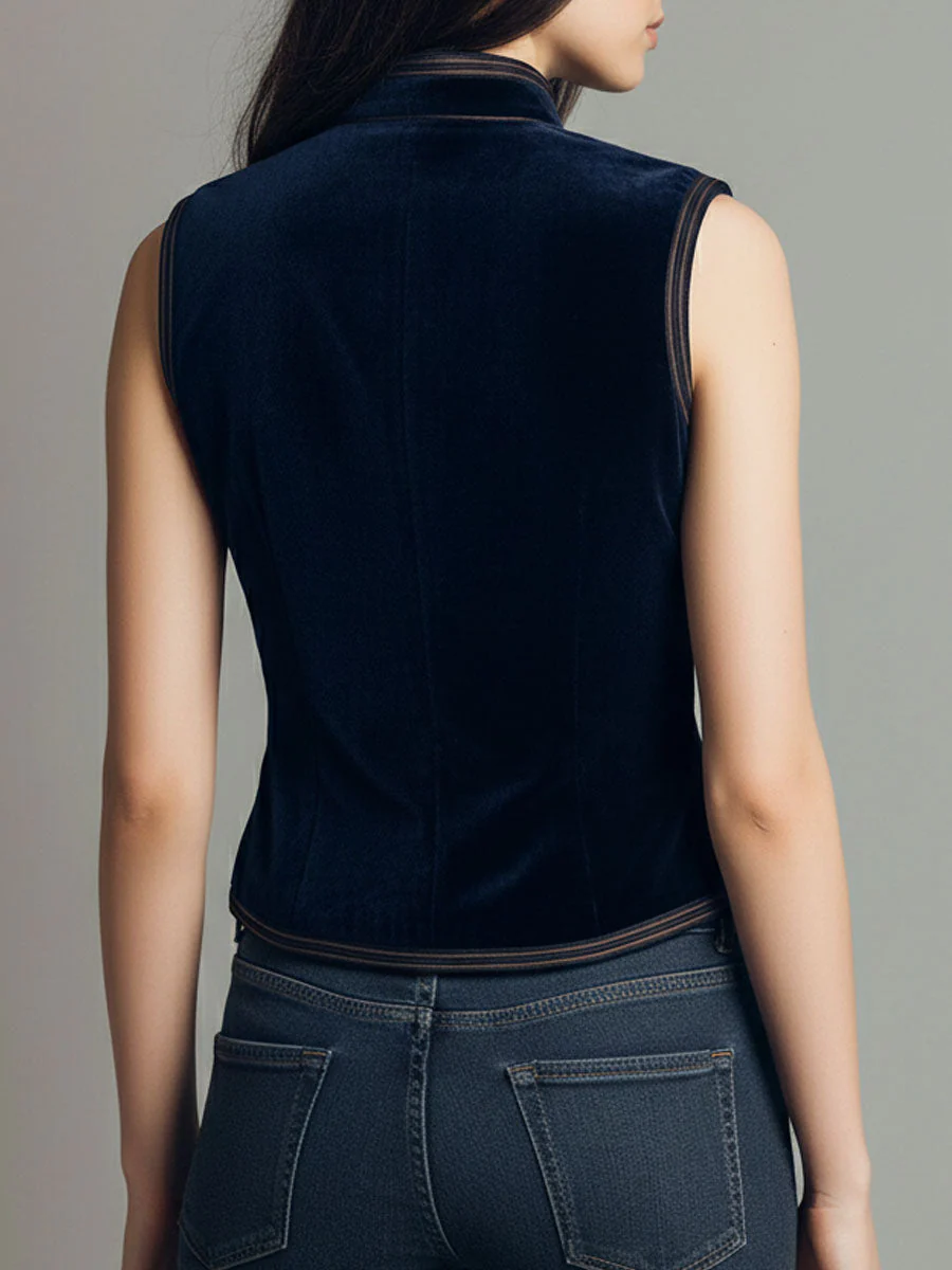Boho Mandarin Collar Navy Velvet Embroidered Vest - Image 6