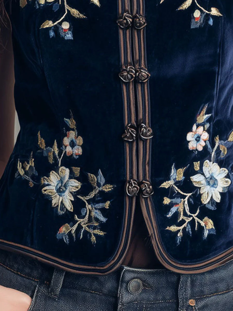 Boho Mandarin Collar Navy Velvet Embroidered Vest - Image 8
