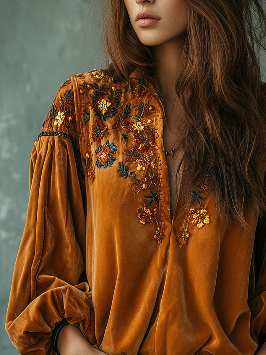 Boho Mustard Yellow Embroidered Velvet Blouse - Image 3