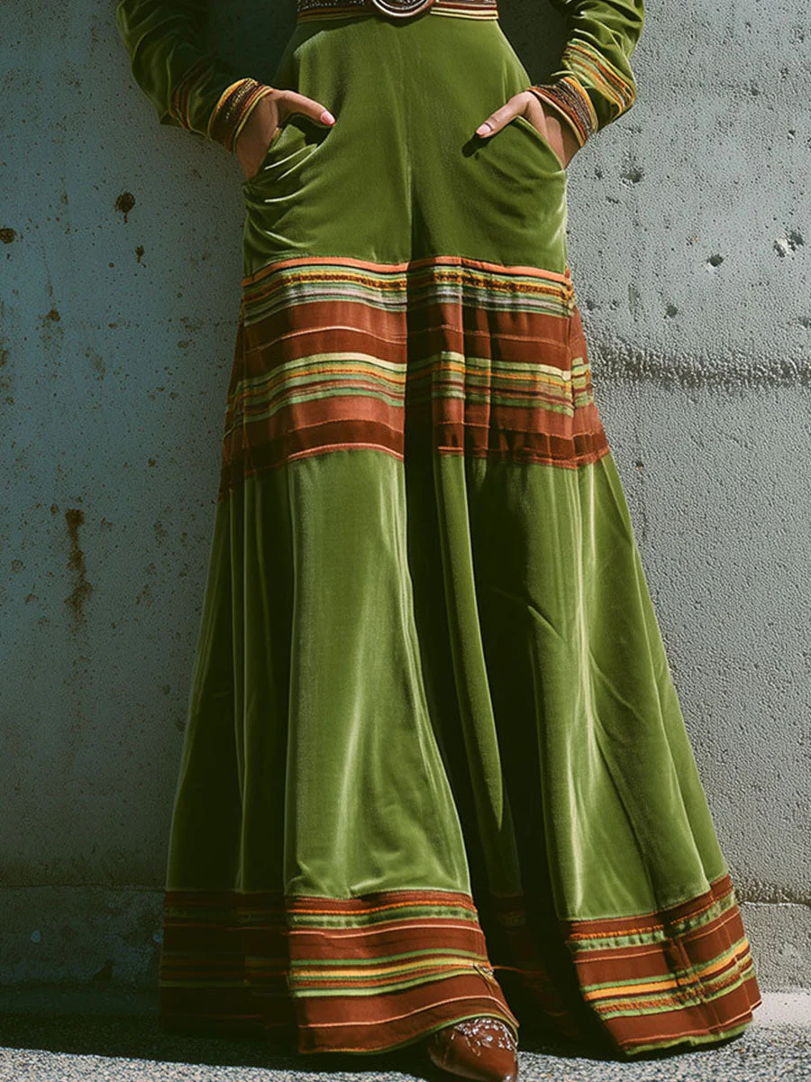 Boho Olive Green Velvet Striped Hem Maxi Dress - Image 2