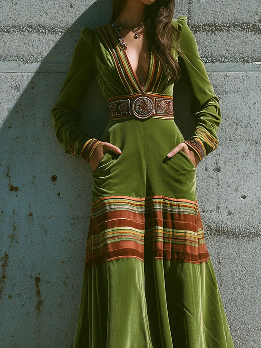 Boho Olive Green Velvet Striped Hem Maxi Dress - Image 3
