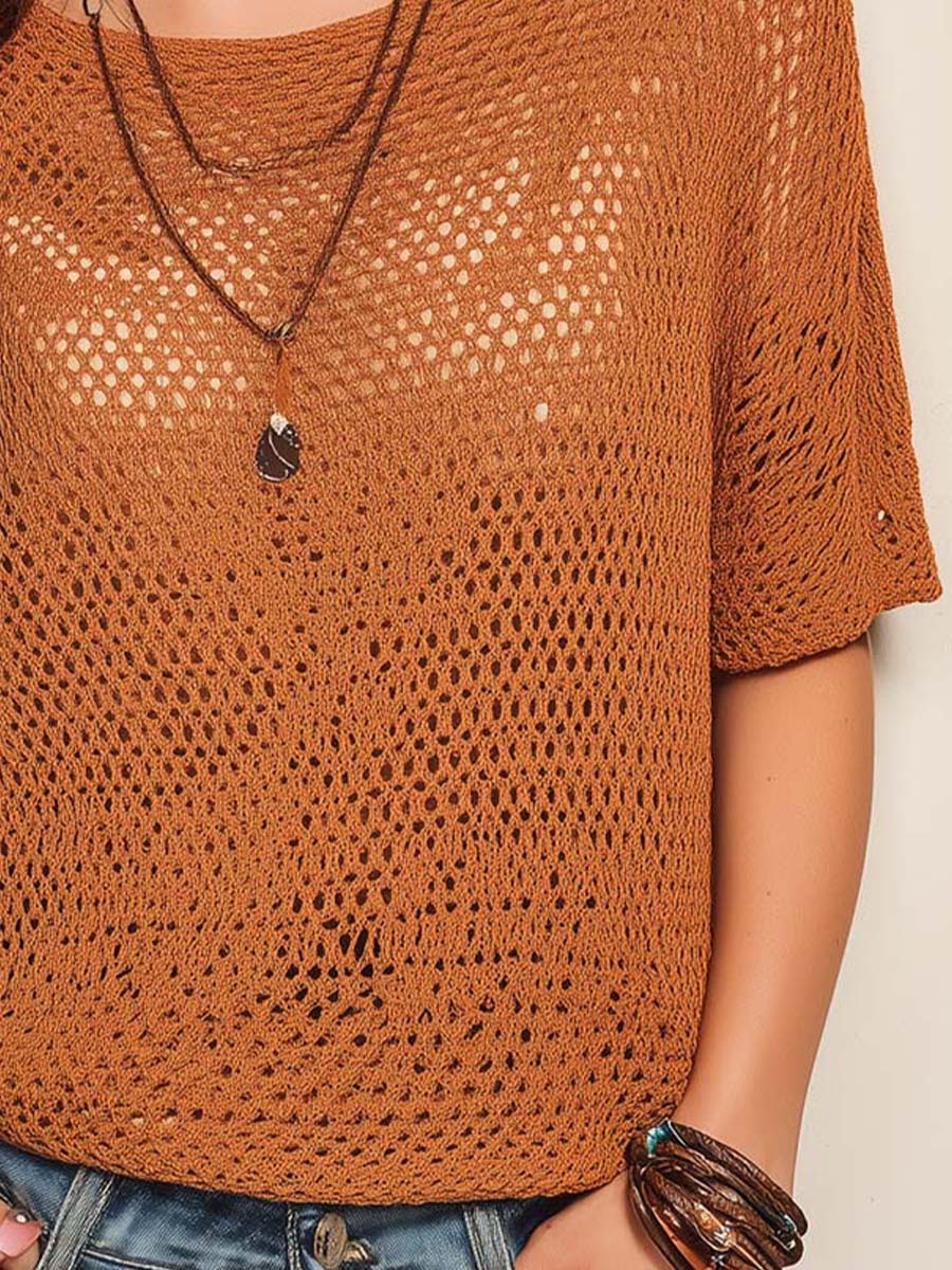 Boho Open-Knit Short Sleeve Top - Image 2