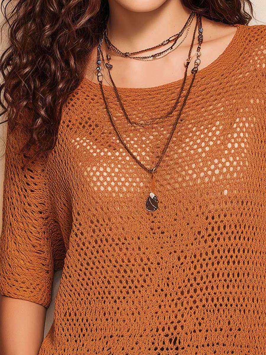 Boho Open-Knit Short Sleeve Top - Image 3