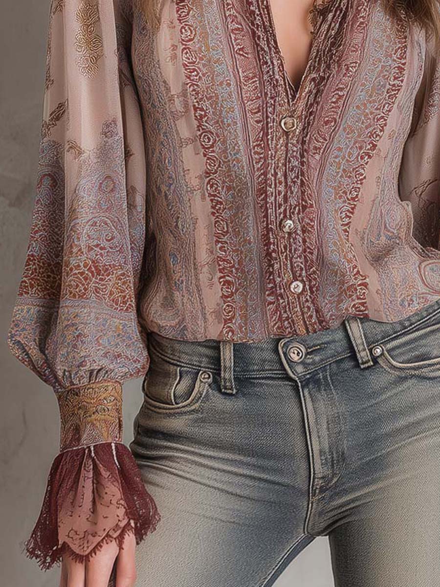 Boho Paisley Sheer Blouse With Lace Cuffs - Image 2
