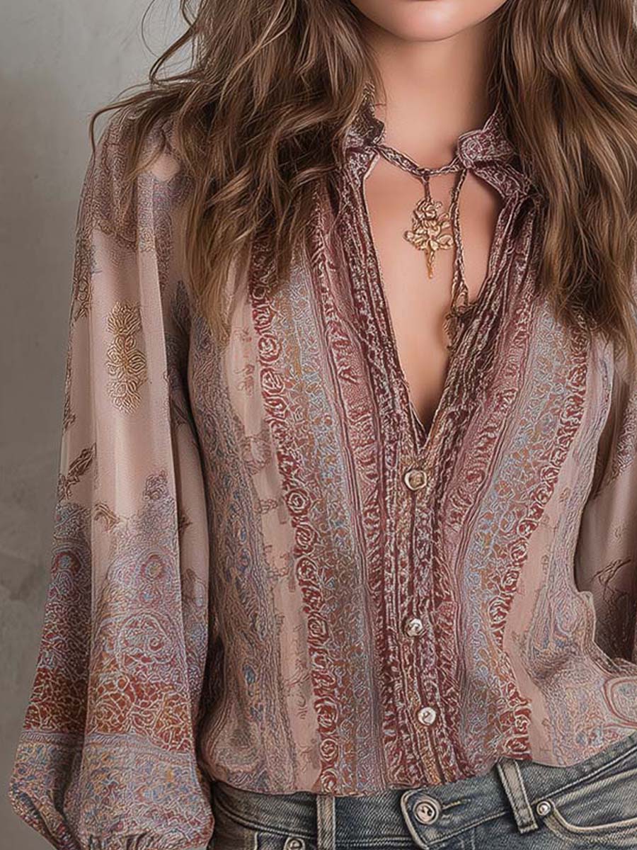 Boho Paisley Sheer Blouse With Lace Cuffs - Image 3