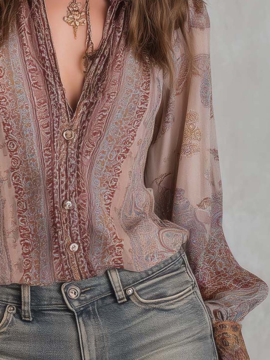 Boho Paisley Sheer Blouse With Lace Cuffs - Image 4