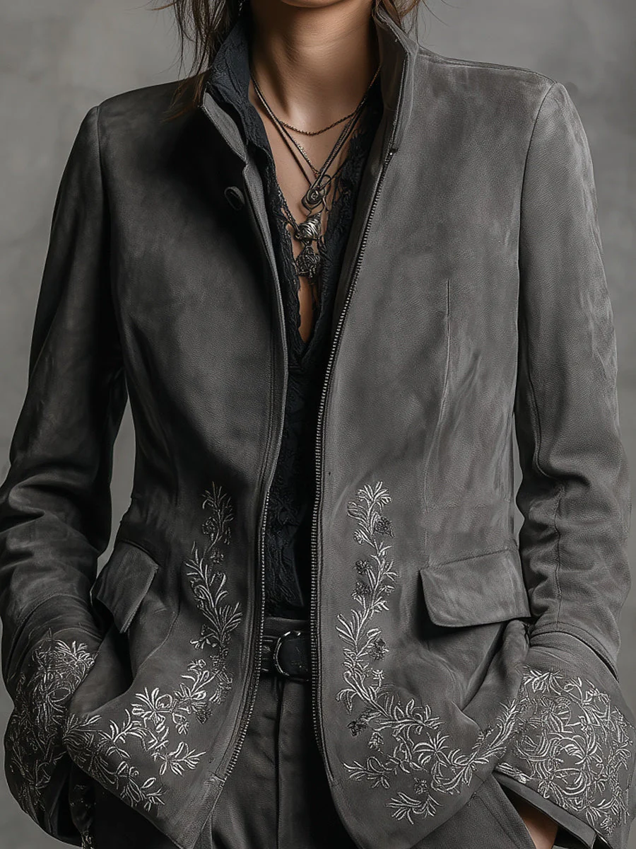 Boho Rock Stand Collar Embroidered Suede Jacket - Image 2