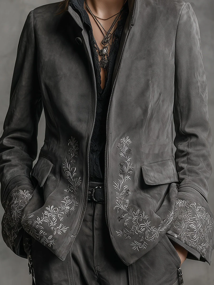 Boho Rock Stand Collar Embroidered Suede Jacket - Image 3