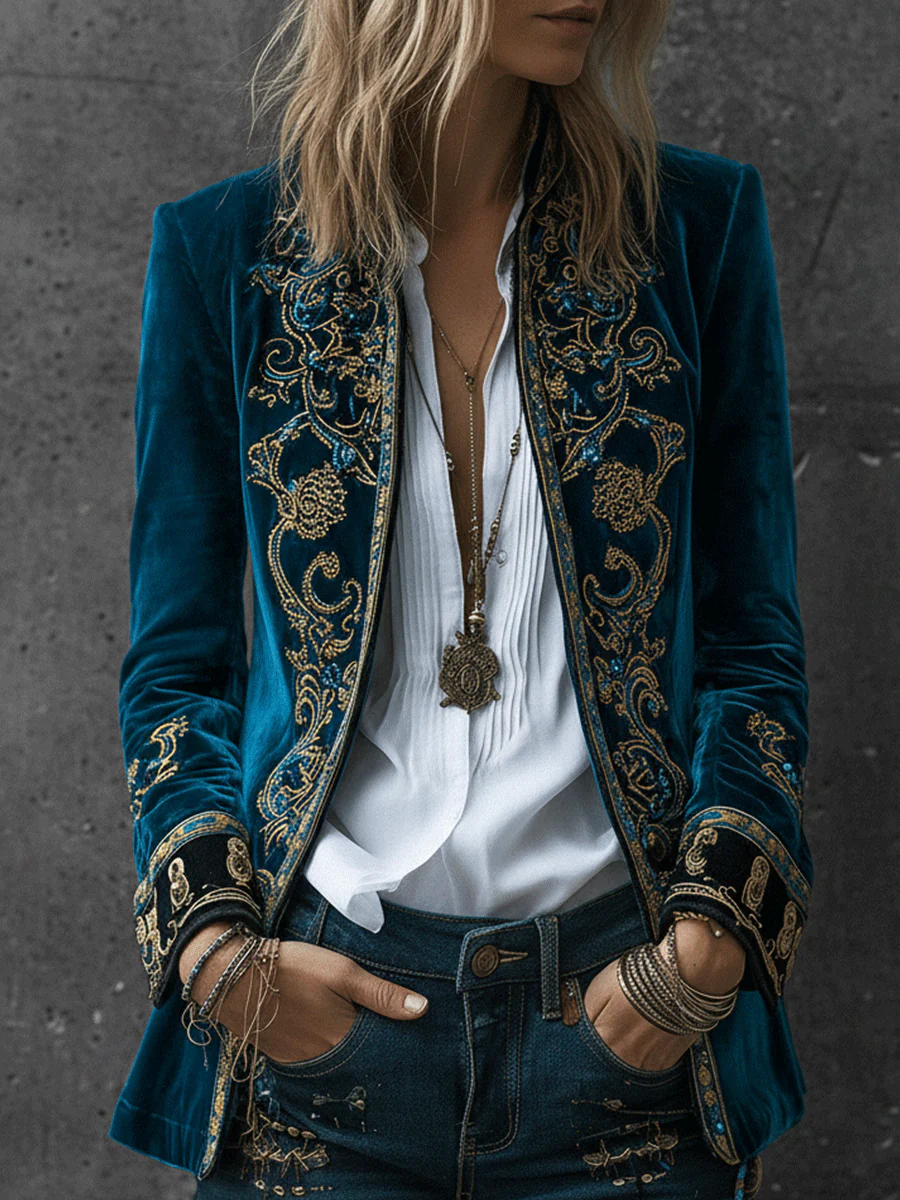 Boho Royal Teal Velvet Embroidered Luxe Jacket