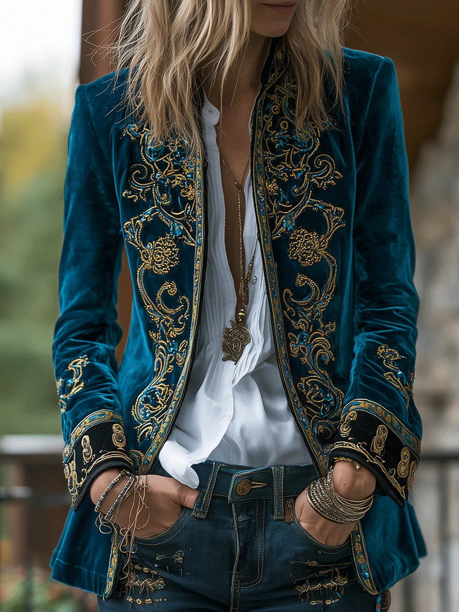 Boho Royal Teal Velvet Embroidered Luxe Jacket - Image 2