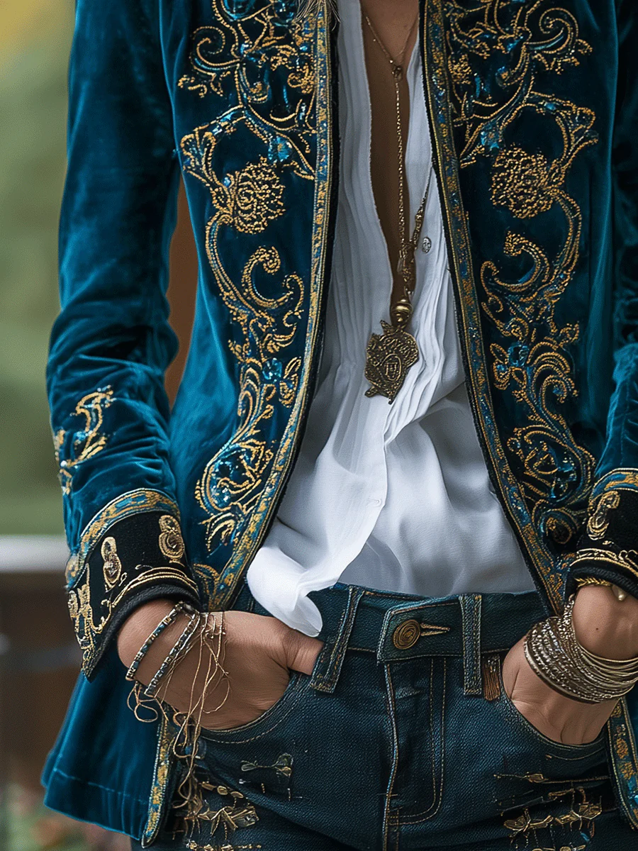 Boho Royal Teal Velvet Embroidered Luxe Jacket - Image 4