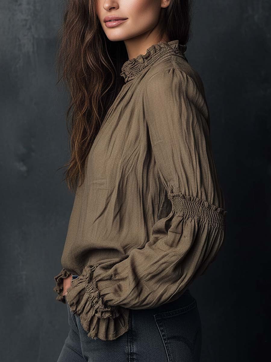 Boho Ruffled Cuff Half-Zip Blouse - Image 2