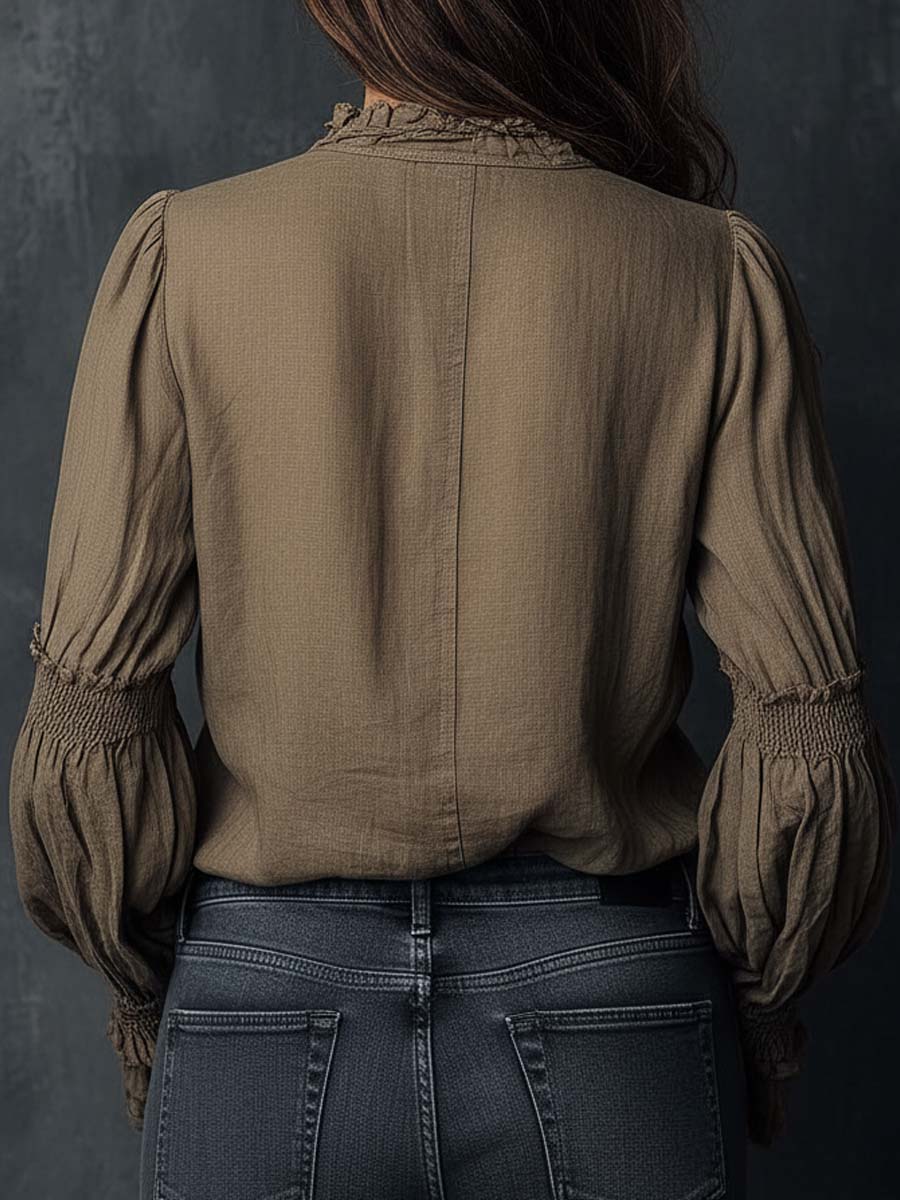 Boho Ruffled Cuff Half-Zip Blouse - Image 3