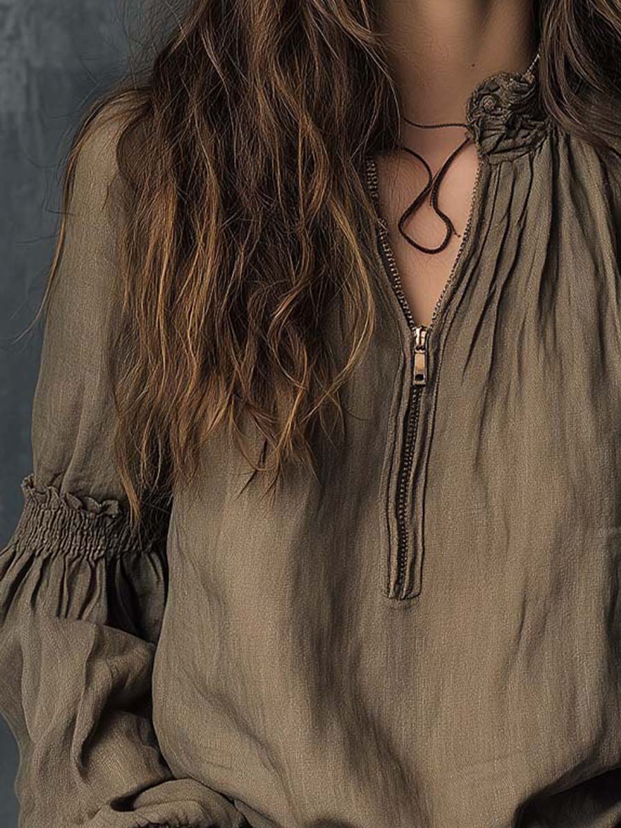 Boho Ruffled Cuff Half-Zip Blouse - Image 4