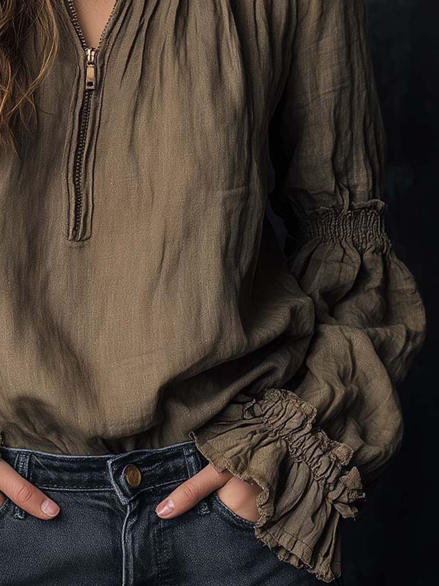 Boho Ruffled Cuff Half-Zip Blouse - Image 5