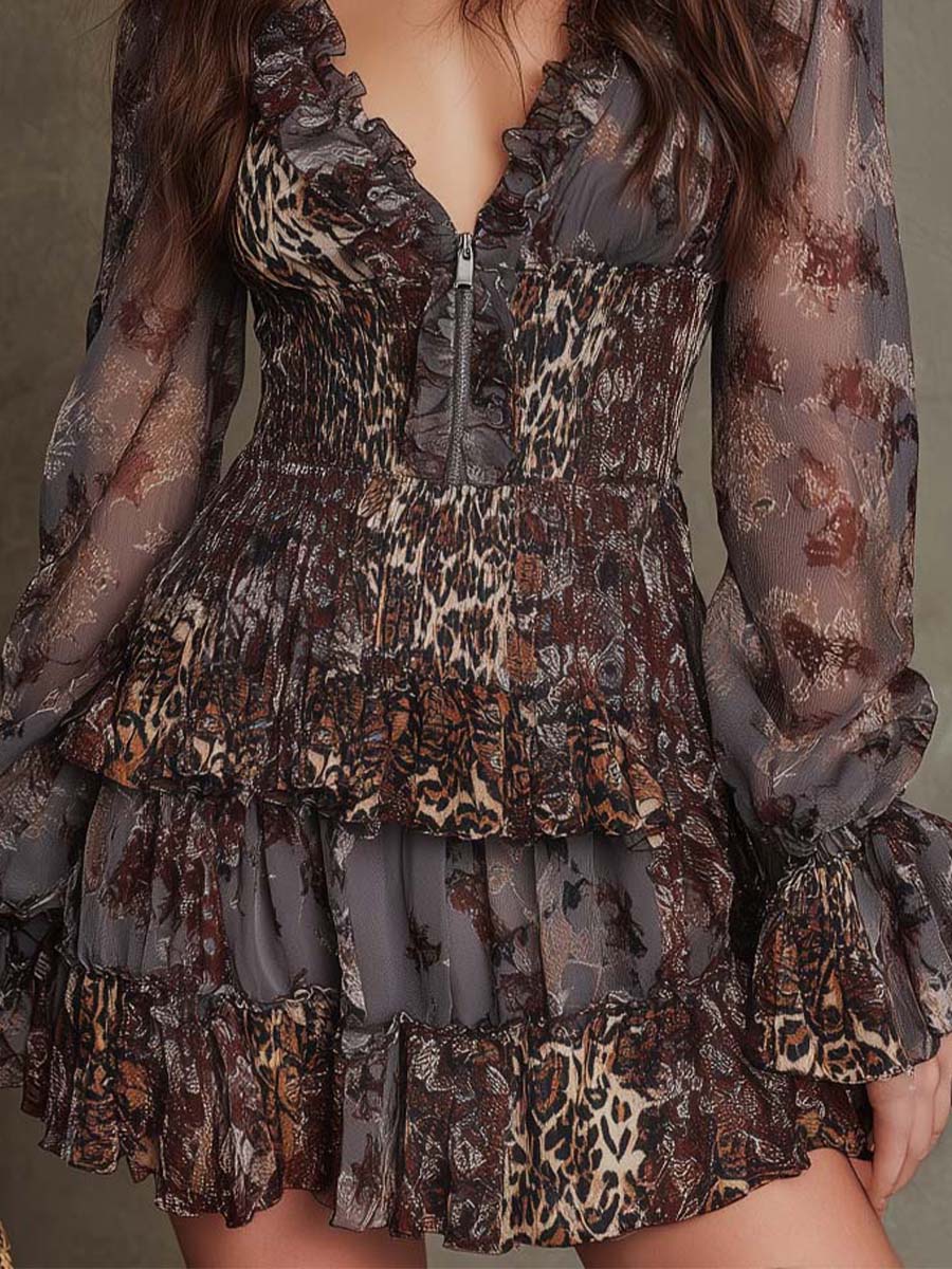 Boho Ruffled Zip-Front Leopard Mixed-Print Mini Dress - Image 3