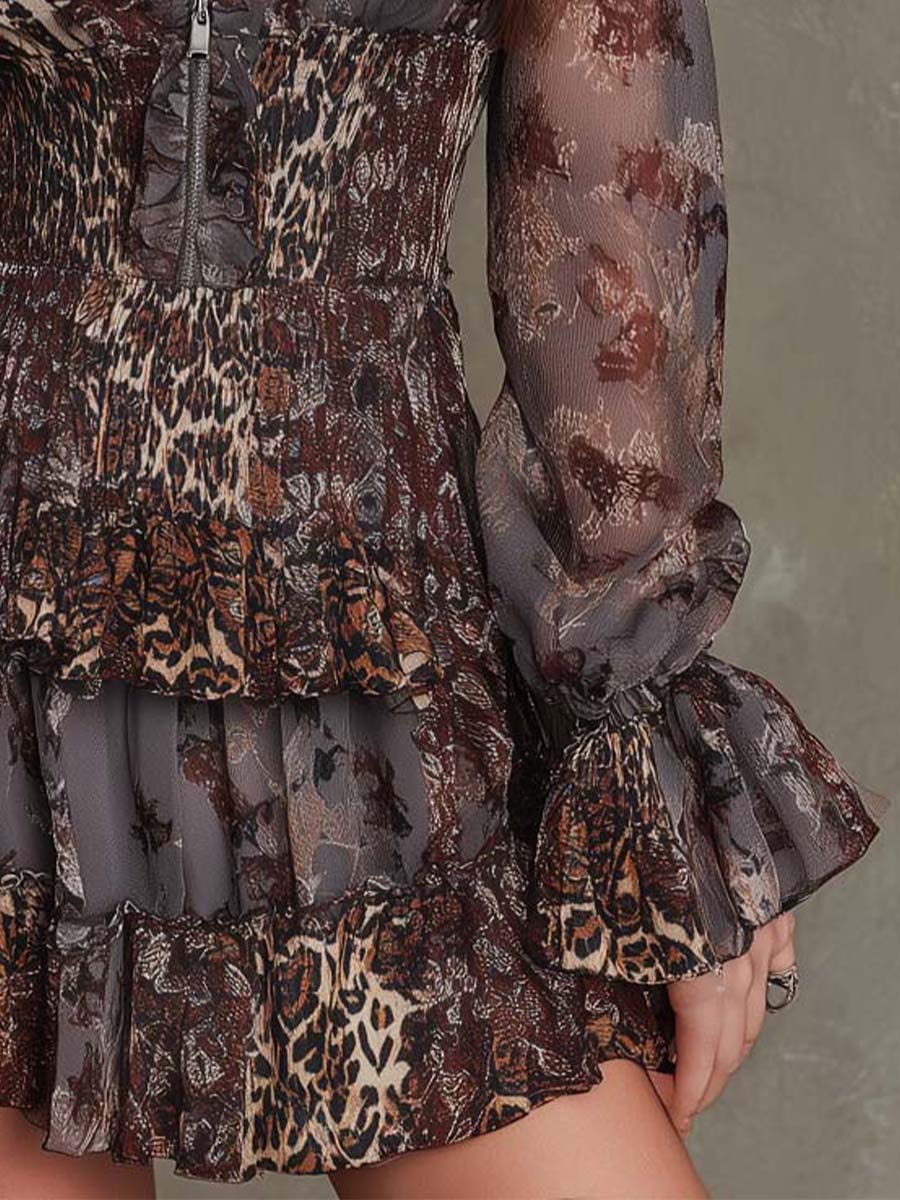 Boho Ruffled Zip-Front Leopard Mixed-Print Mini Dress - Image 4