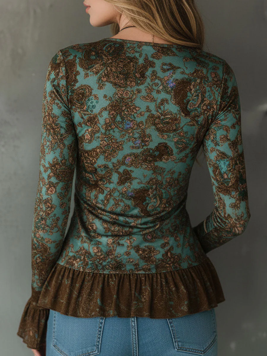 Boho Sage And Bronze Floral Ruched Ruffle Hem Blouse - Image 5
