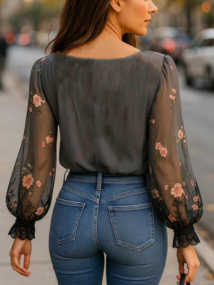 Boho Sheer Floral V-Neck Blouse - Image 2