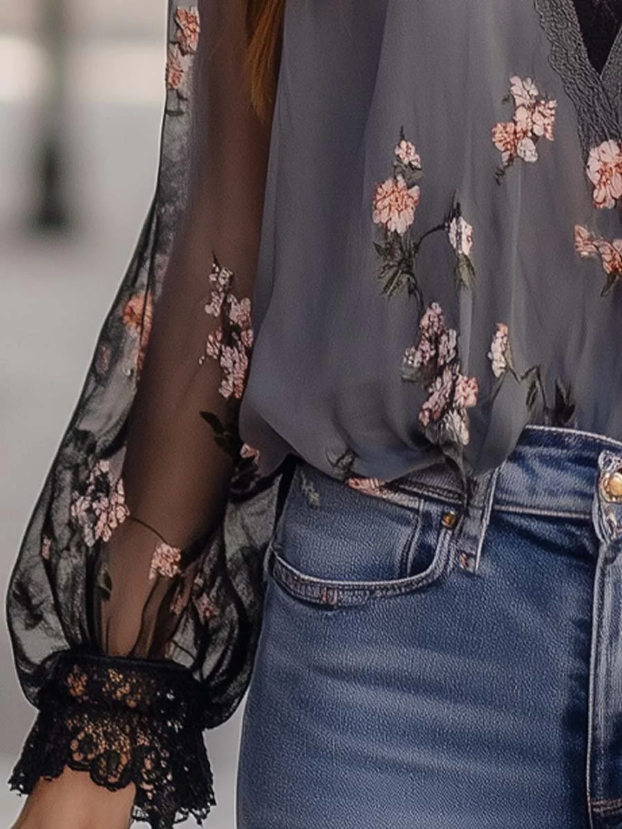 Boho Sheer Floral V-Neck Blouse - Image 5