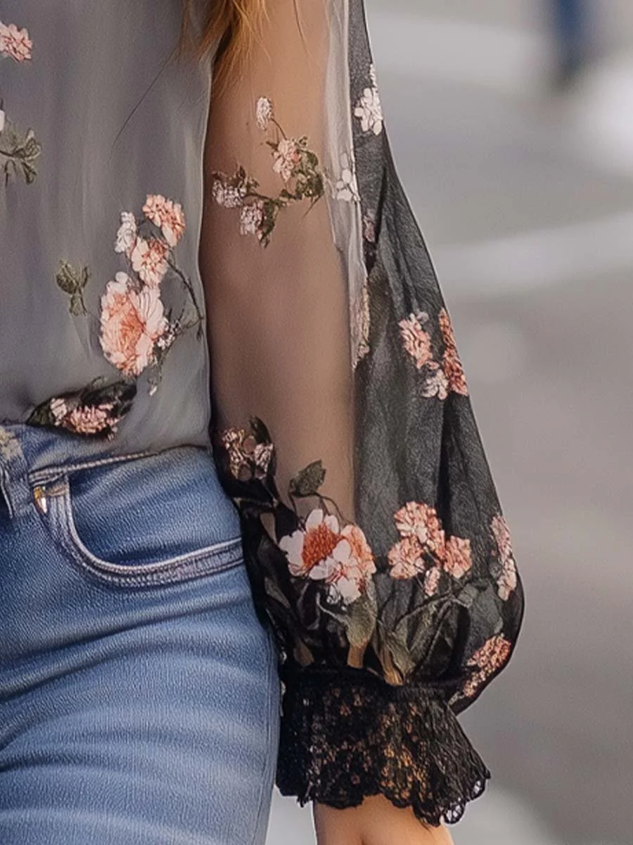 Boho Sheer Floral V-Neck Blouse - Image 6