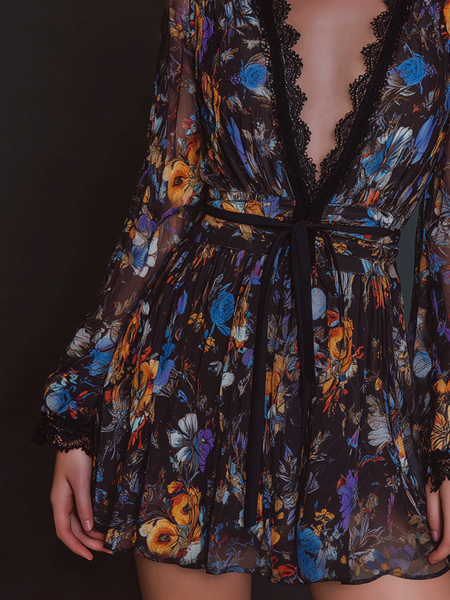 Boho Sheer Romance Midnight Floral Mini Dress - Image 3