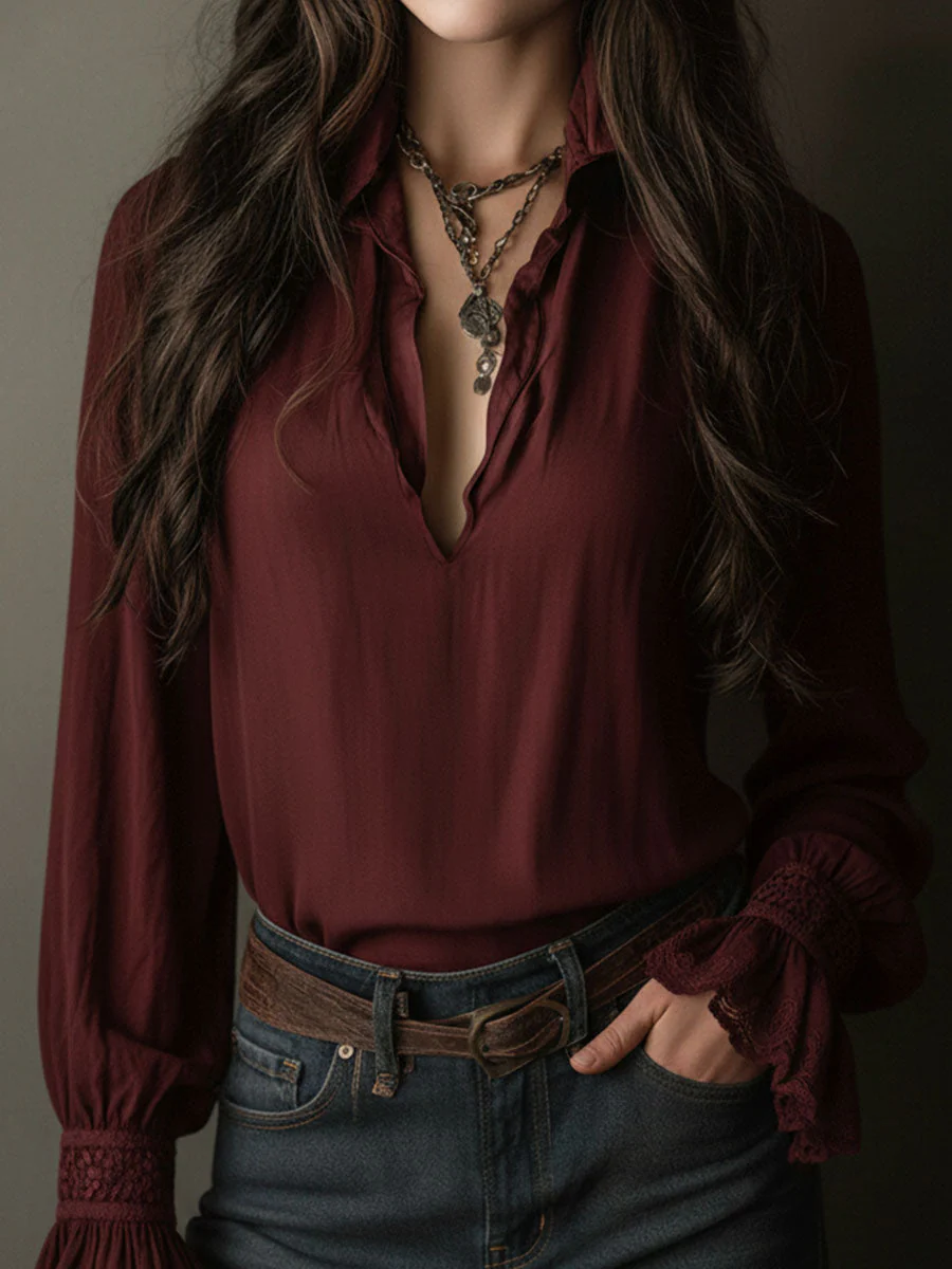 Boho V-Neck Deep Wine Red Blouse With Lace Cuffs - Image 2