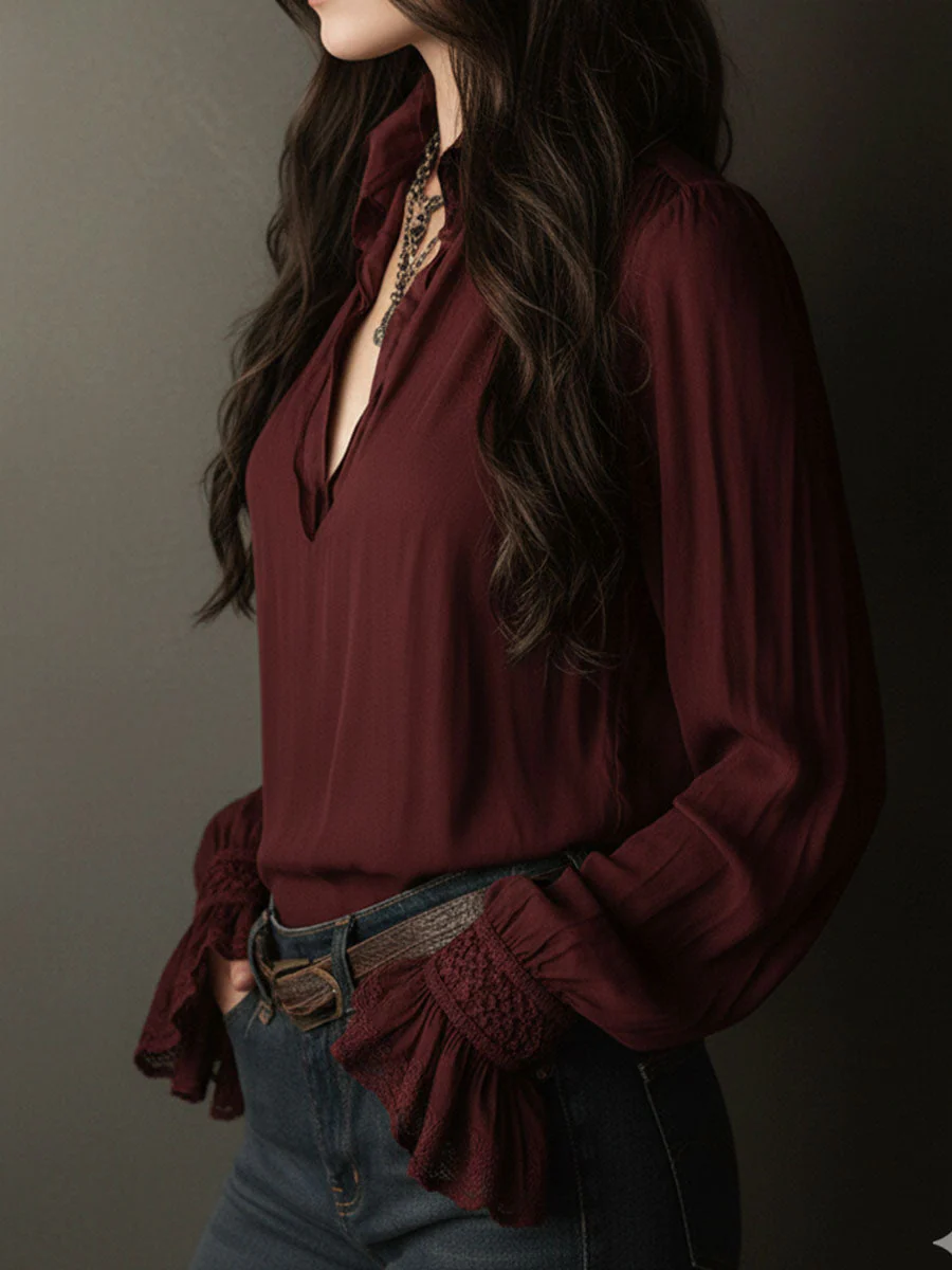 Boho V-Neck Deep Wine Red Blouse With Lace Cuffs - Image 3