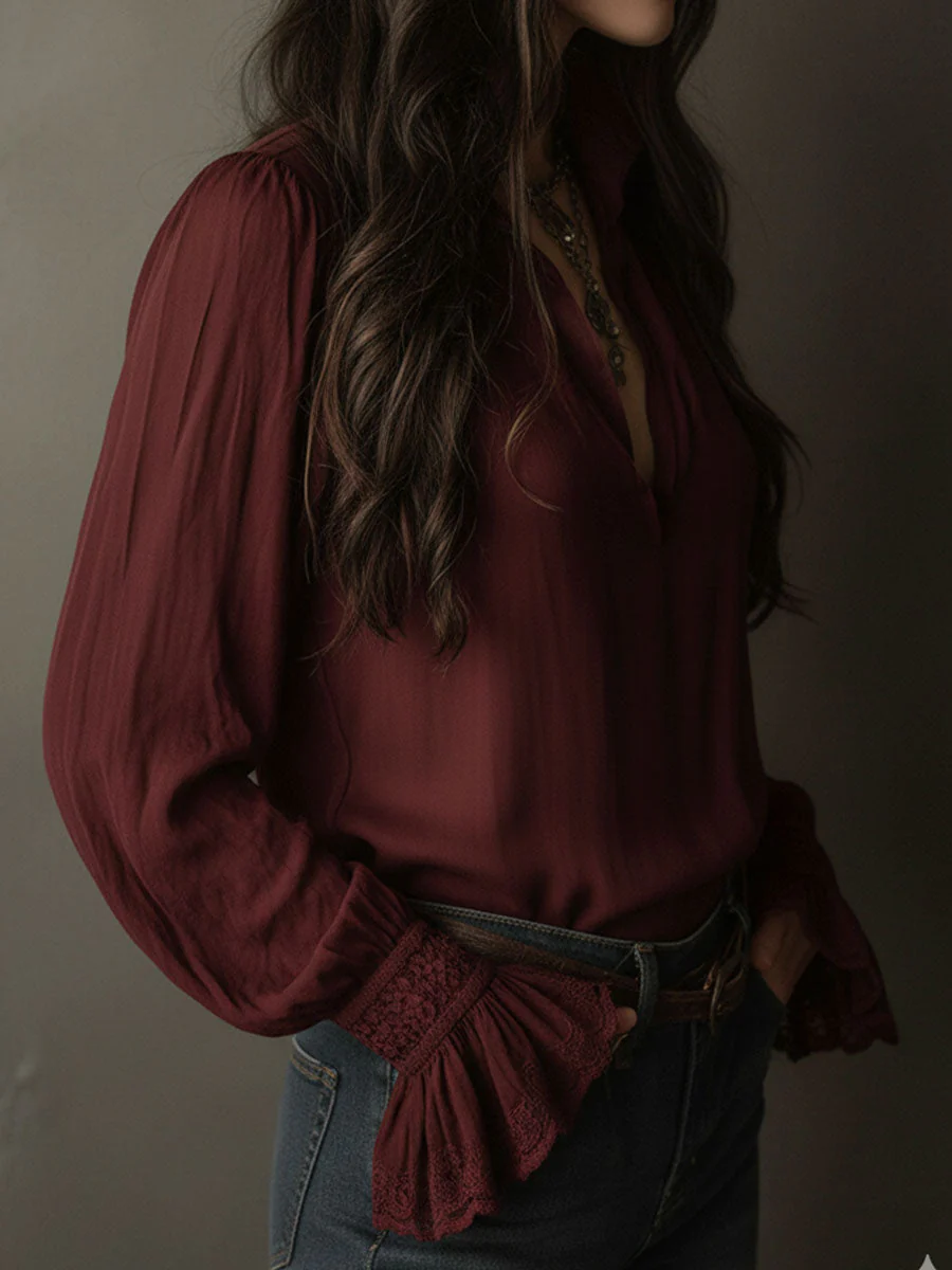 Boho V-Neck Deep Wine Red Blouse With Lace Cuffs - Image 4