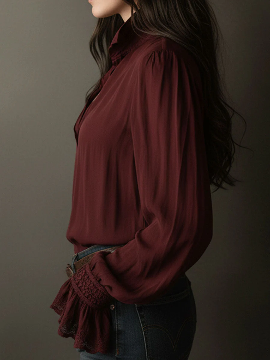 Boho V-Neck Deep Wine Red Blouse With Lace Cuffs - Image 5